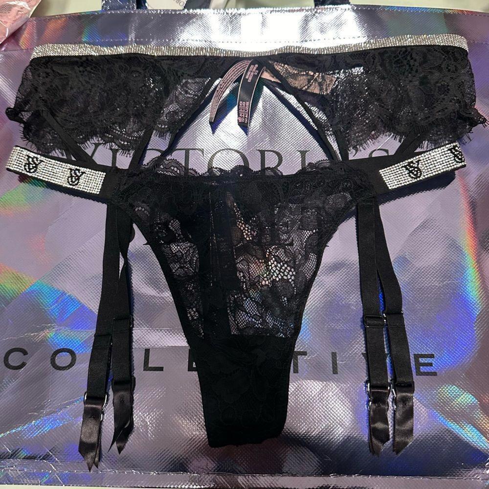 Victoria Secret Black Shine Garter and panty set